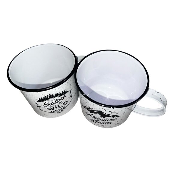 Design Pac Set of 2 Tin Coffee Mugs with Handles 16 fl oz White & Black Adventur - Picture 4 of 12
